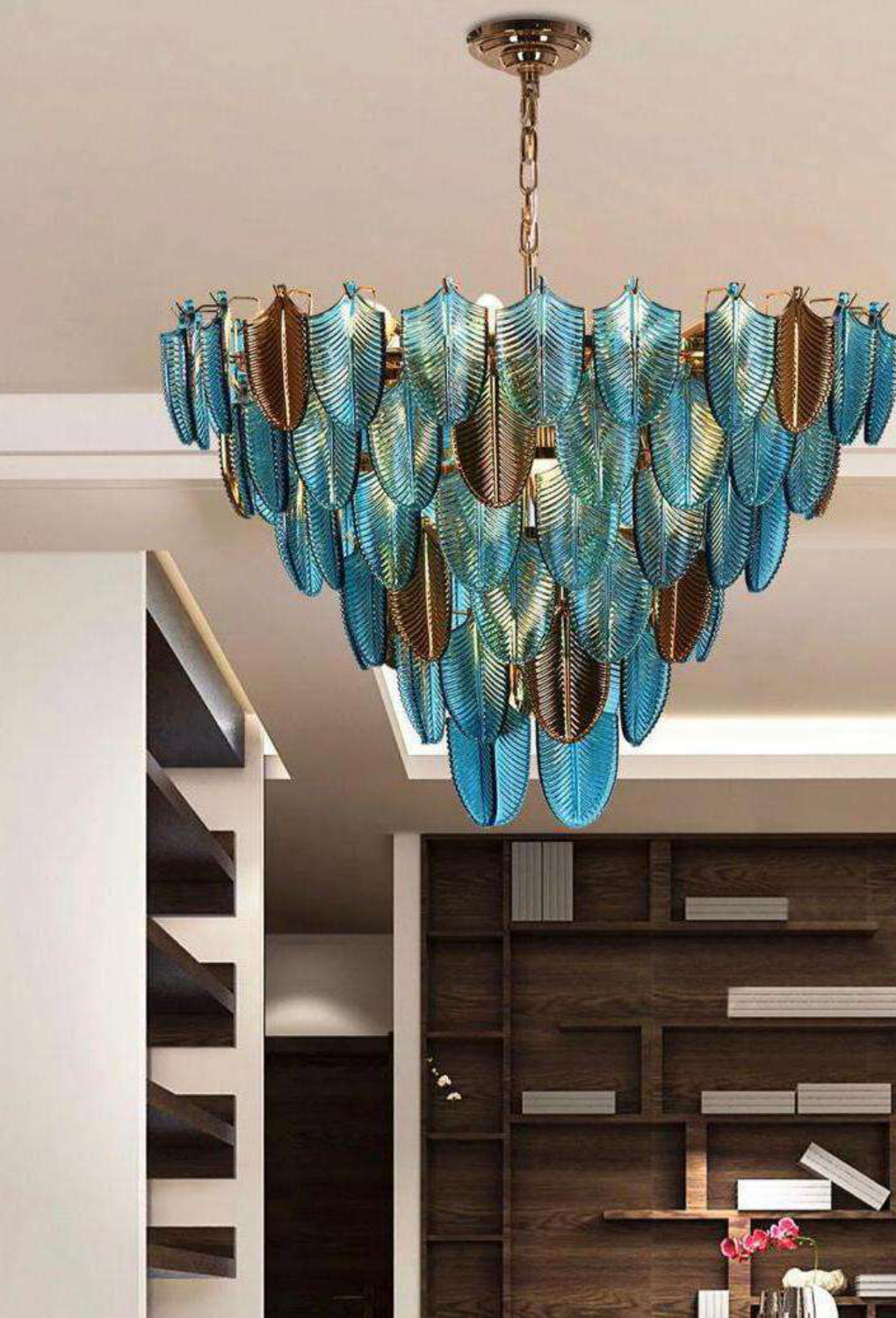 Light House Metal + Glass Material Gold+Blue Finished Chandelier
