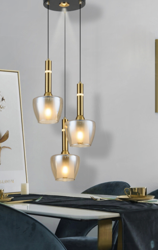 Home Light Iron + Glass + Aluminum Material Gold Base + Amber Glass Finished Hanging Light